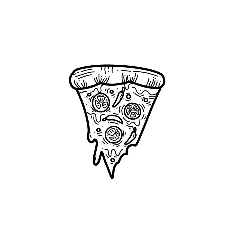 Doodle dibujo a mano alzada rebanada de pizza mordida con ilustración de queso derretido vector