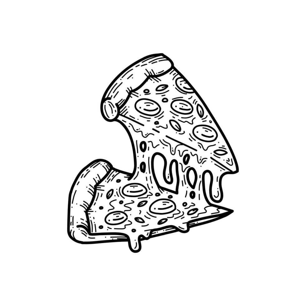 melting two cheese pizza slice doodle food hand drawing illustration vector