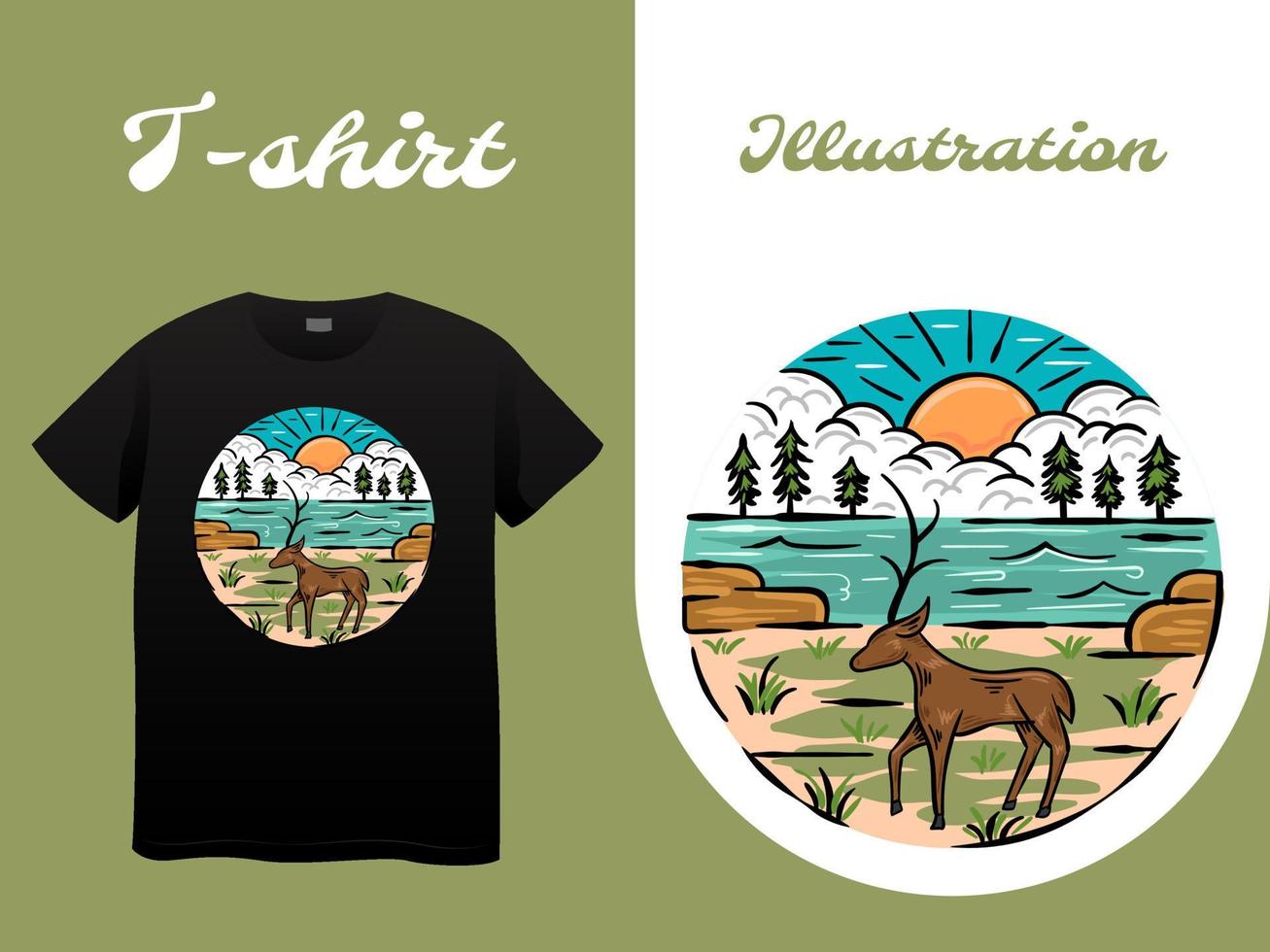 Deer by the Lake Hand Drawn Illustration vector