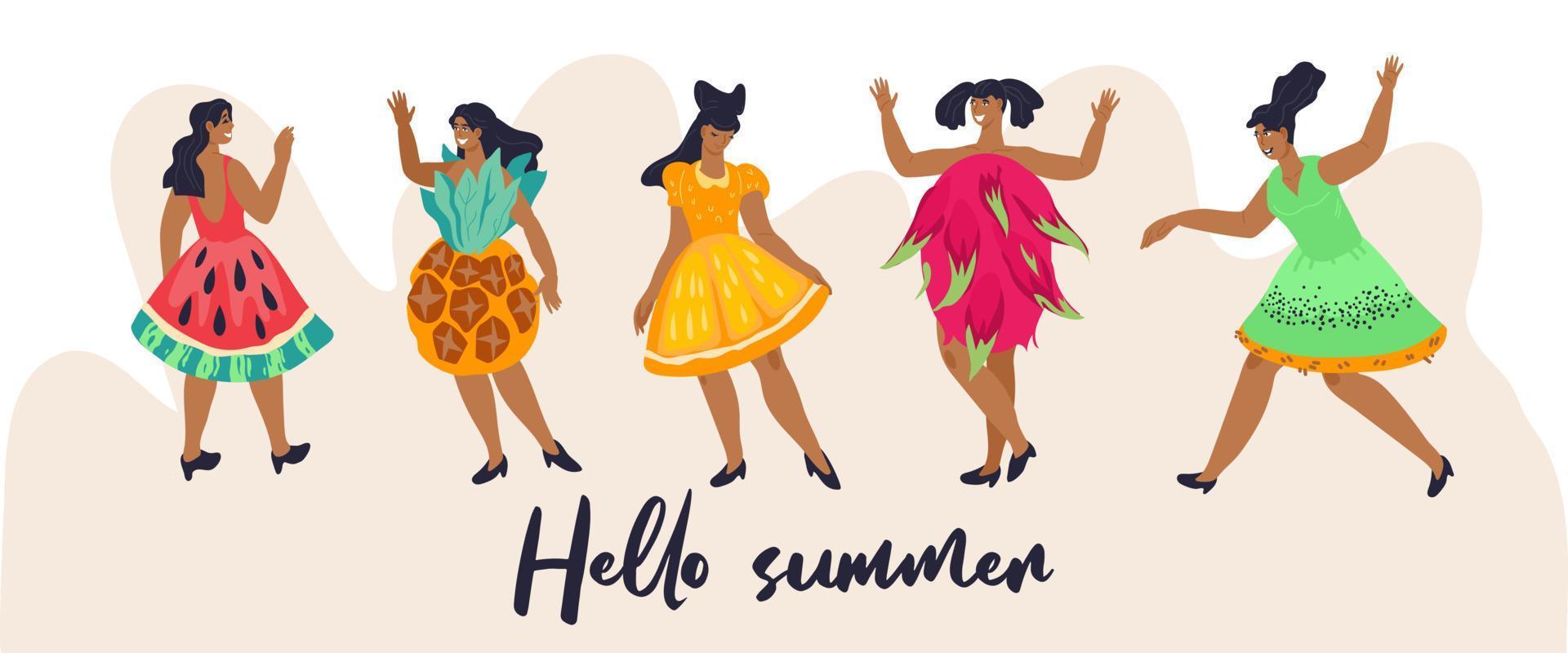 banner de fiesta de verano o plantilla de diseño de afiches con fantasía vestida como mujeres de frutas tropicales. fondo de invitación para hola verano - eventos de inicio de temporada y vacaciones. ilustración vectorial plana. vector