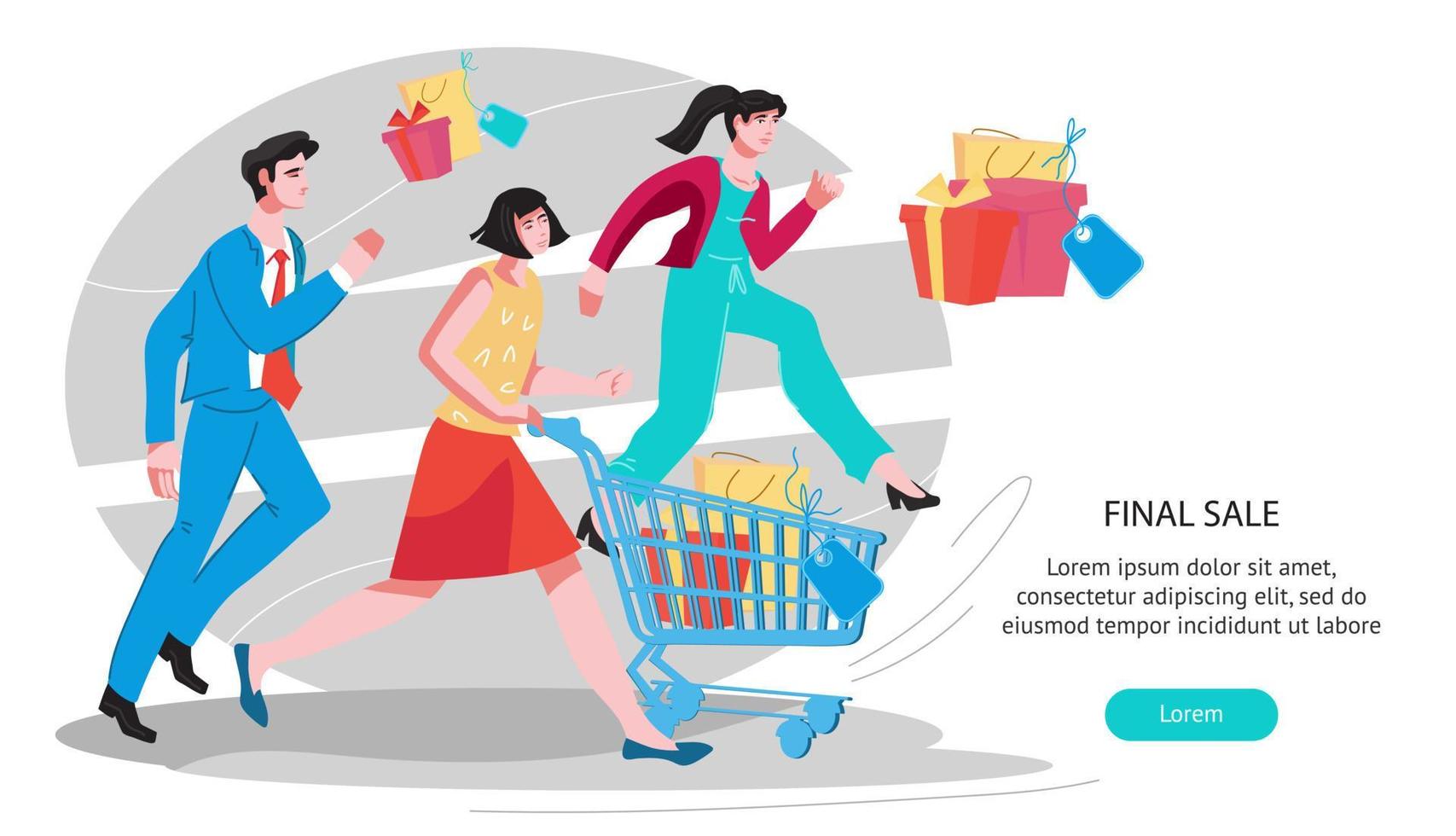 Final sale site banner template with people hurrying up to purchase goods. Discount event promotion and advertising web page. Online shopping and ecommerce. Flat vector illustration.