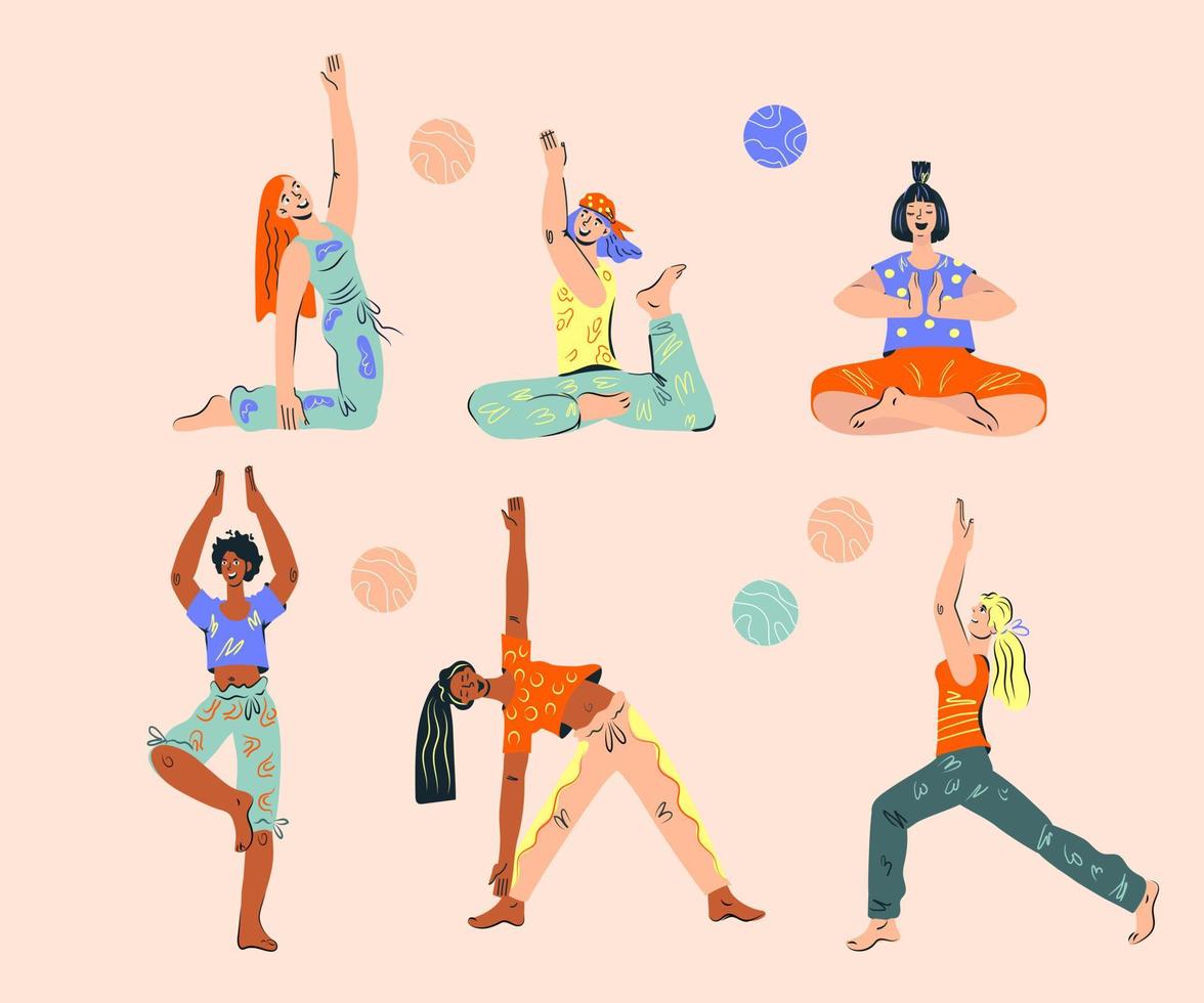 Set of women doing yoga exercise. Body care and healthy fitness activity collection. Mind balance and meditation workout, relaxation. Flat cartoon vector characters isolated.