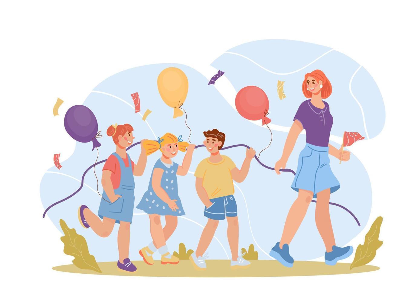 Kindergarten preschool children group walking with teacher, vector illustration isolated. Elementary school or nursery daycare center outdoor activity on air. Flat vector illustration isolated.