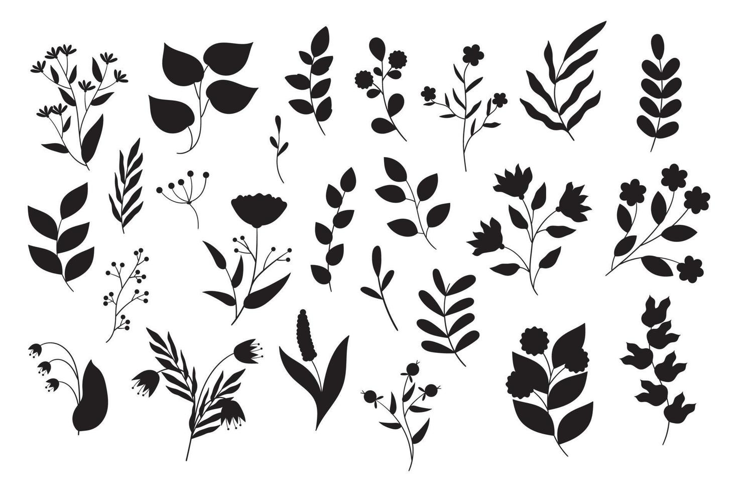 Set of black and white flowers silhouette. Doodle vector floral illustrations collection.