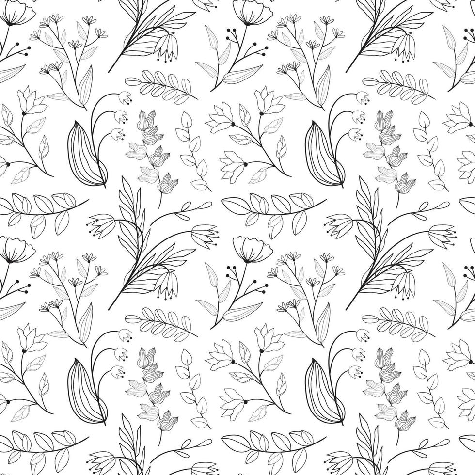 Floral seamless pattern in black and white line style. Doodle flowers textile print. Vintage nature graphic. Bell flower, meadow flowers and leaves motif vector