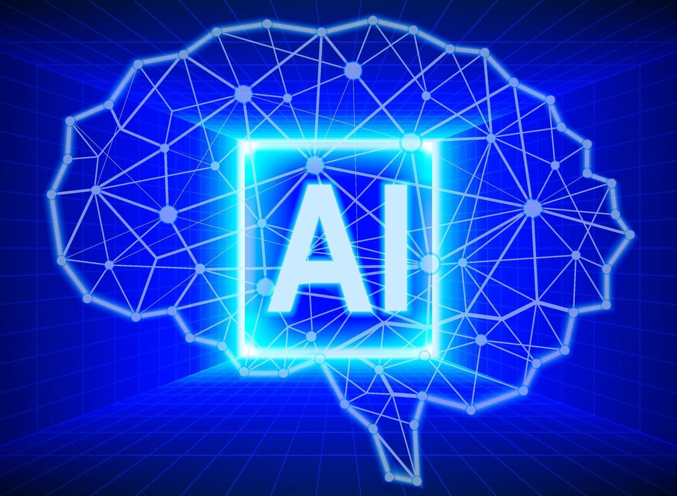 AI text with Polygon brain on matrix neon lines background. Artificial intelligence abstract template. Concept of Technology, Engineering, Learning, Business and Science vector illustration.