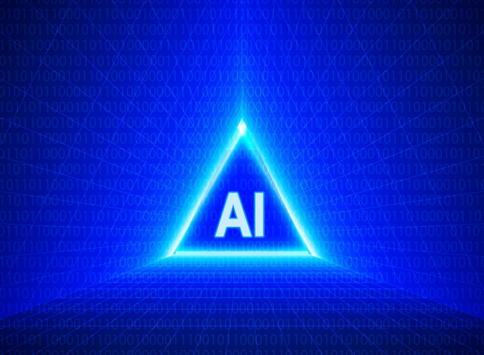 AI text on binary code and triangle matrix neon lines background