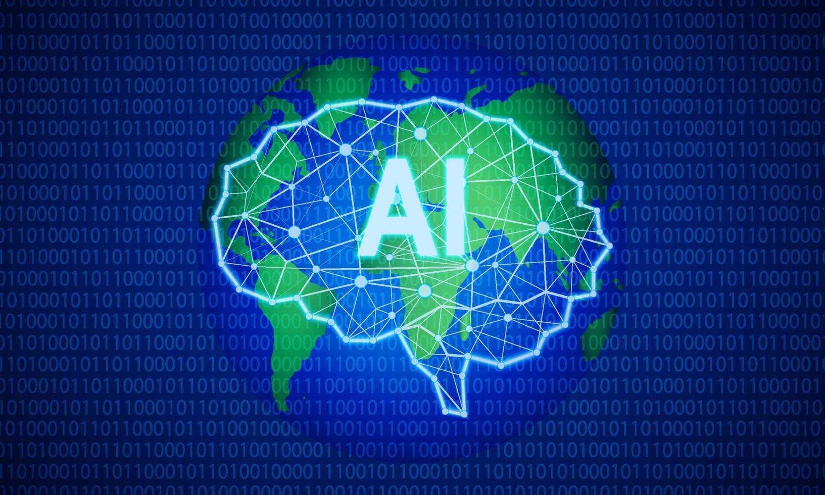 Neon lines on binary code and world map background. Polygon brain. Artificial intelligence abstract template. Concept of Technology, Engineering, Learning, Business and Science vector illustration.