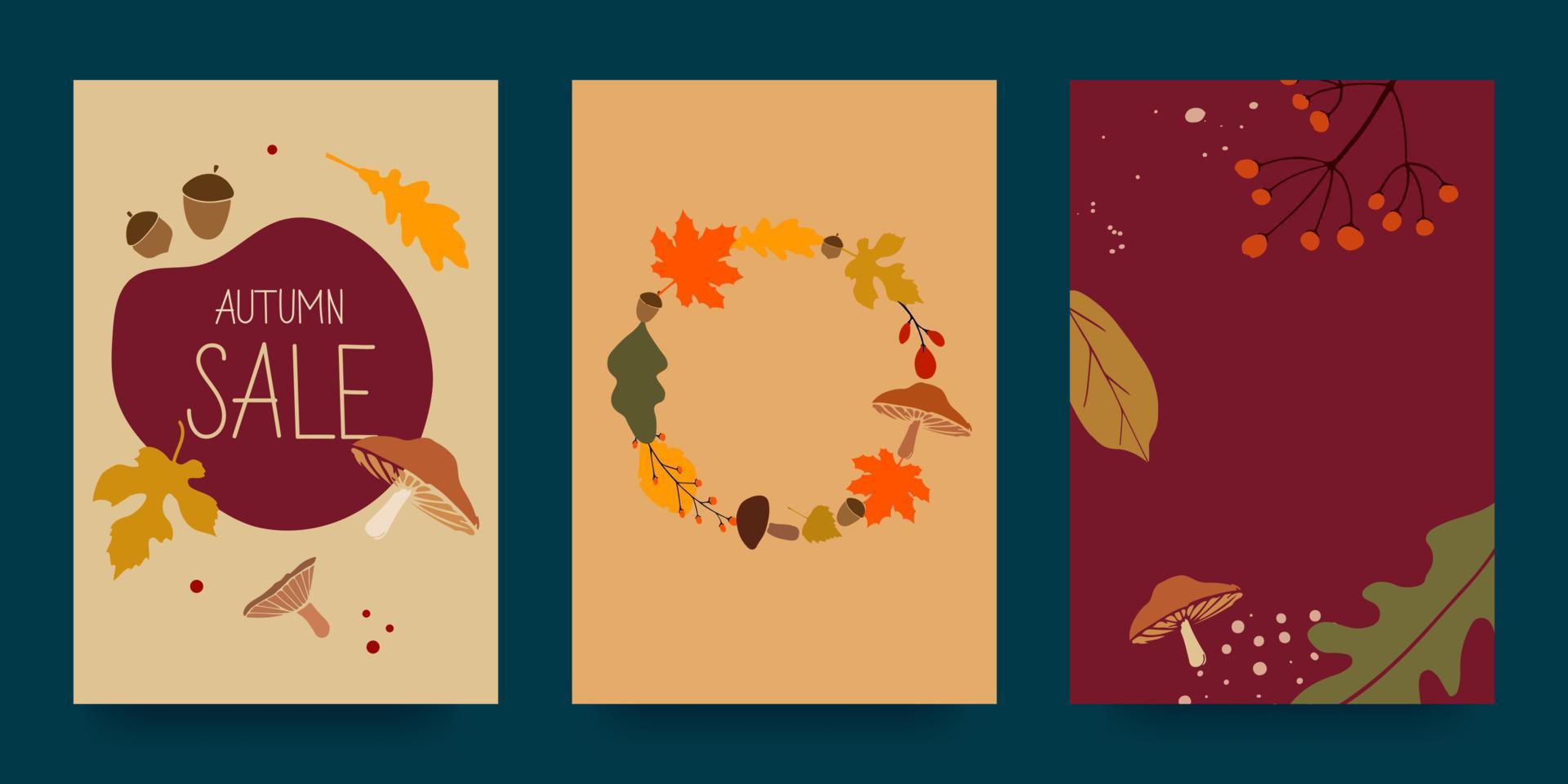 Autumn abstract poster in modern hipster style. Templates for the design of autumn banners, posters, advertising, postcards, sales. Trendy modern art with autumn leaves. Vector illustration