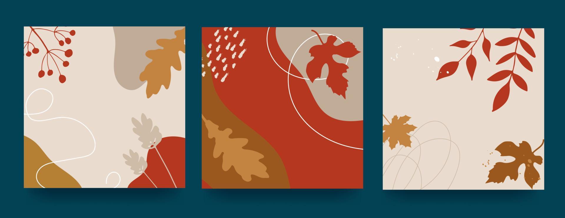 Autumn abstract poster in modern hipster style. Autumn leaves, berries, spots. Trendy modern art with autumn elements. Vector illustration