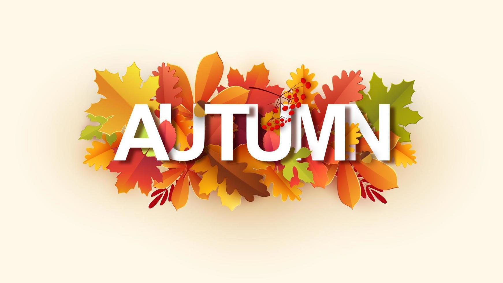 Hello, Autumn. Lettering autumn with autumn yellow, orange leaves. Template for the design of banners, posters, advertising, postcards, sales. Vector illustration