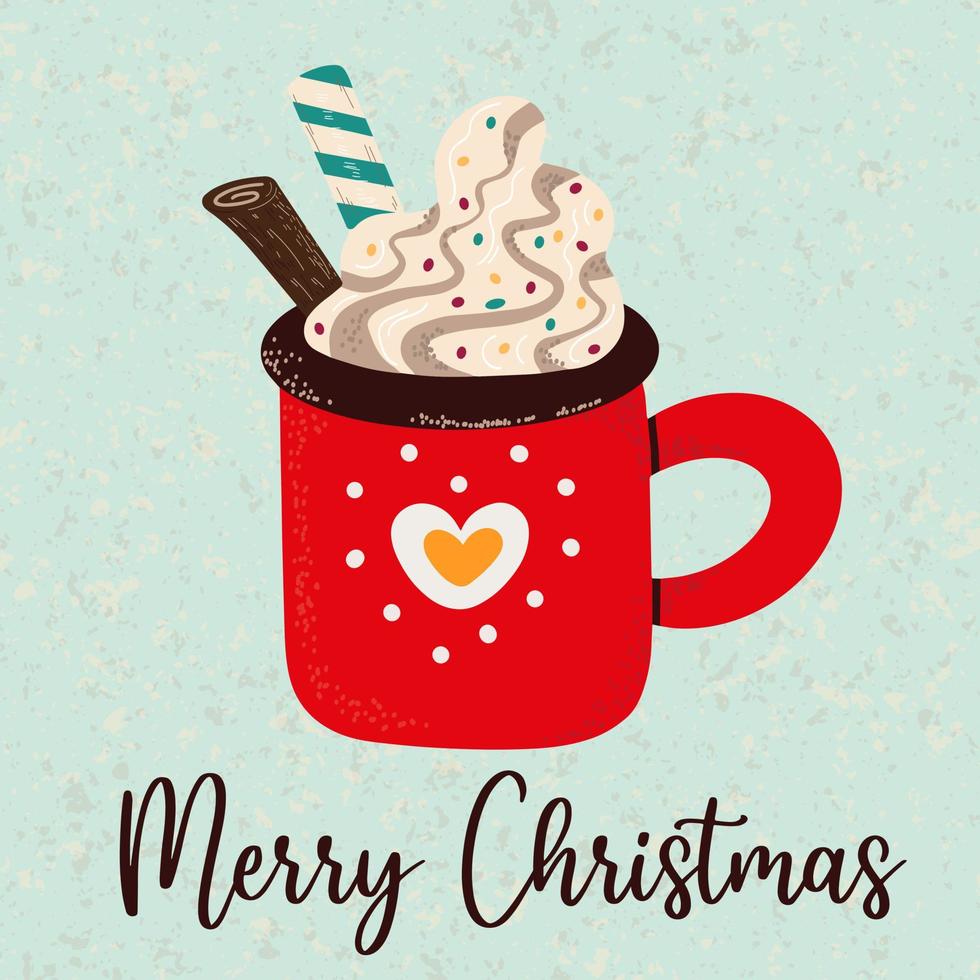 Vector illustration Merry Christmas greeting card with cup of hot cocoa with whipped cream served with cinnamon stick and striped straw