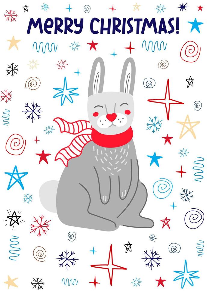 Christmas greeting card with a rabbit. vector