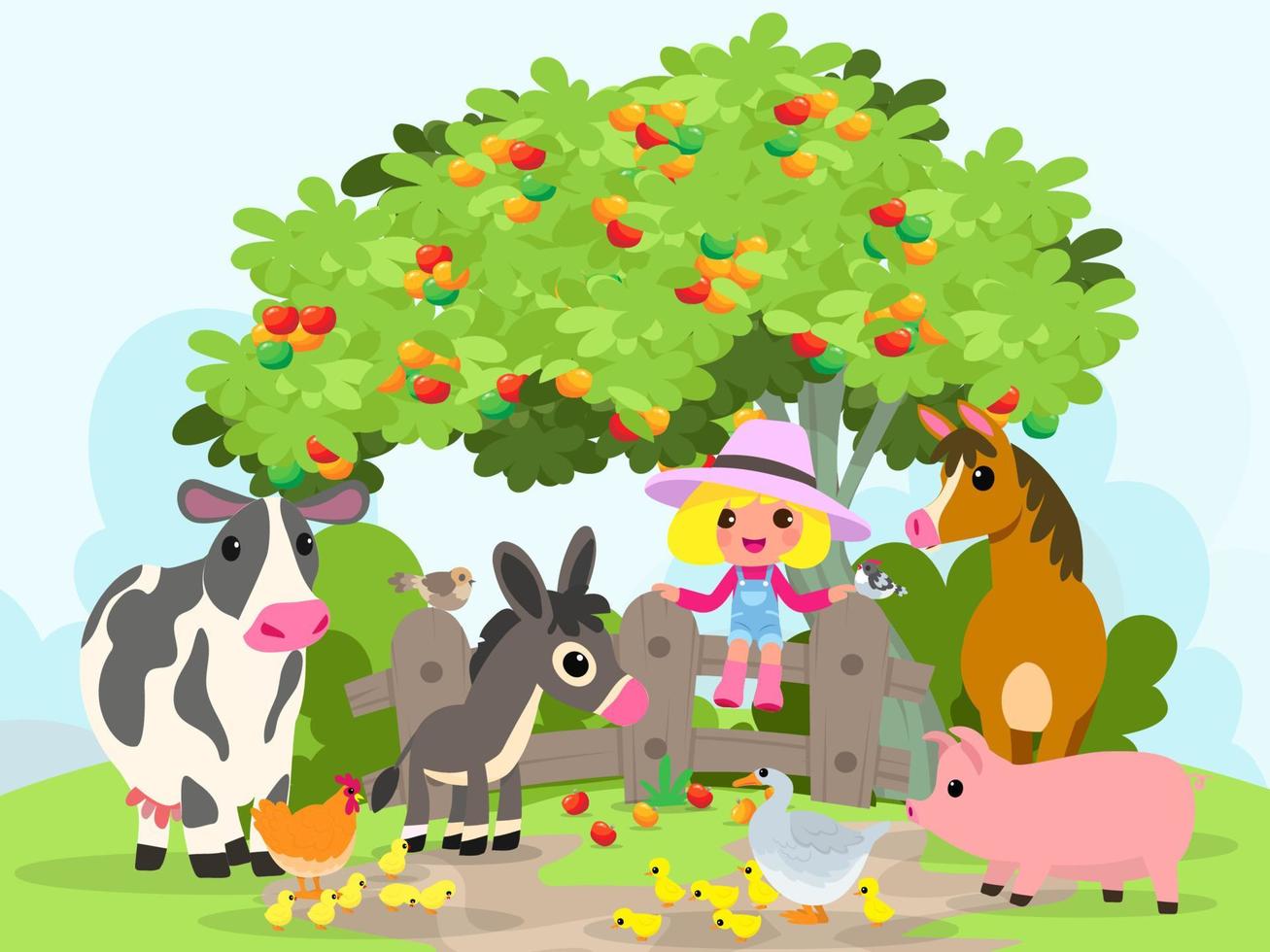 Cute animals in ranch, Farm and agriculture. illustrations of village life and objects Design for banner, layout, annual report, web, flyer, brochure, ad. vector