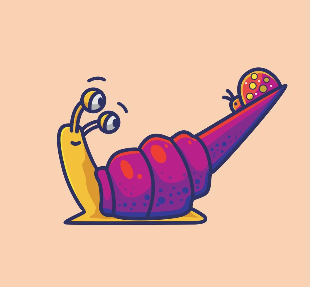 lindo caracol que lleva un insecto en su caparazón. animal plana caricatura estilo ilustración icono premium vector logo mascota adecuado para diseño web banner carácter