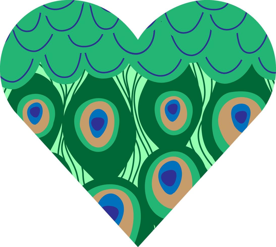 Peacock feathers pattern in hand drawn style. Vector background in the shape of a heart