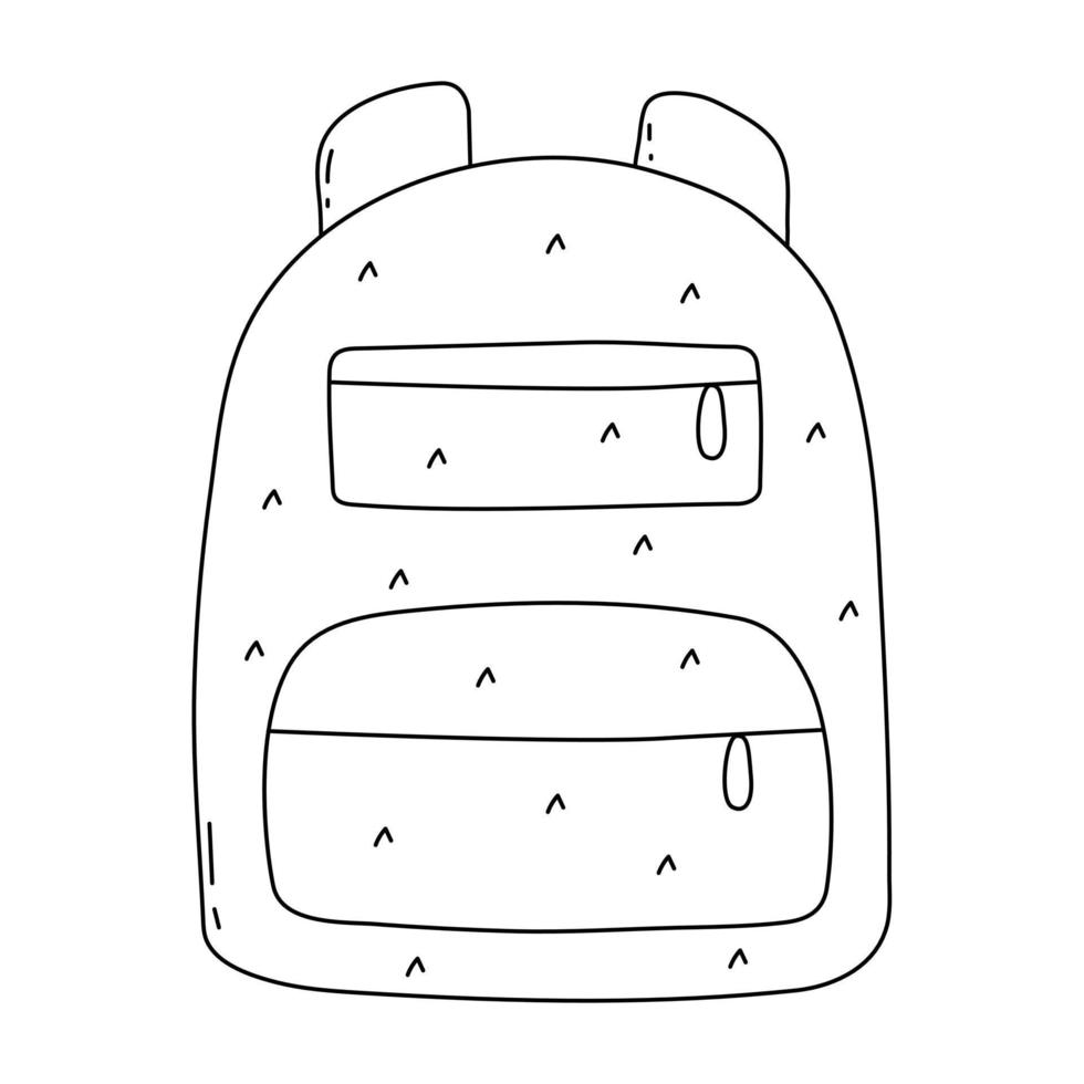 School supplies backpack with pattern in a cute doodle style isolated on a white background. Vector element in black line