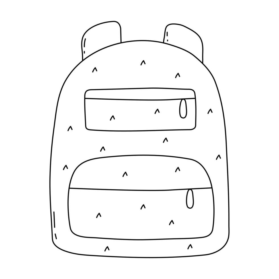 School supplies backpack with pattern in a cute doodle style isolated on a white background. Vector element in black line