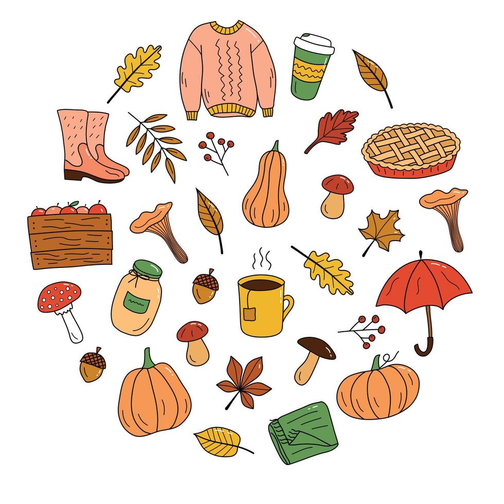 Autumn composition in the shape of a circle in the doodle style. Vector illustration in color. Cozy elements of autumn. Perfect for a postcard, poster or seasonal advertising banner