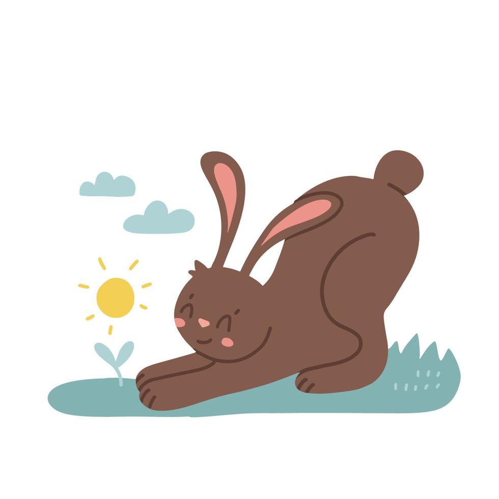 Cute little rabbit is looking at a plant that has just pecked out of the ground. Isolated Flat Vector illustration with a spring animal.