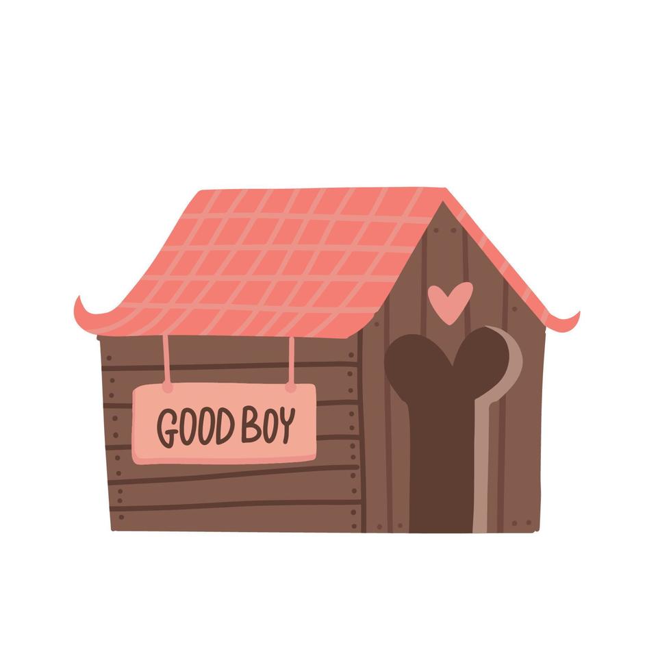 Empty doghouse with red wooden roof. Kennel for domestic animal pet. Trendy barkitecture. Isolated flat hand drawn vector illustration