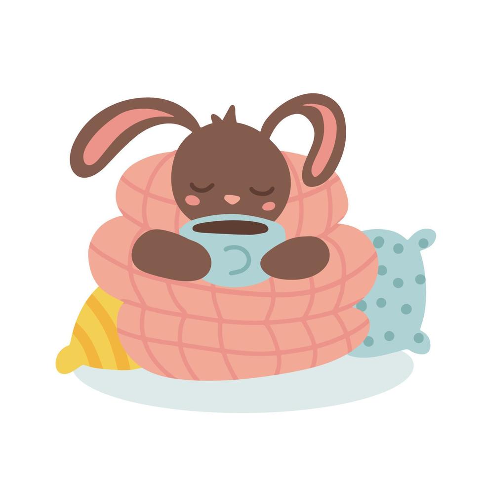 Cute rabbit under a plaid blanket. Animal cartoon character. .Winter concept. Cute bunny wrapped in plaid sitting and drinking tea. Stay home, be warm. Kid graphic.Vector flat hand drawn Illustration. vector