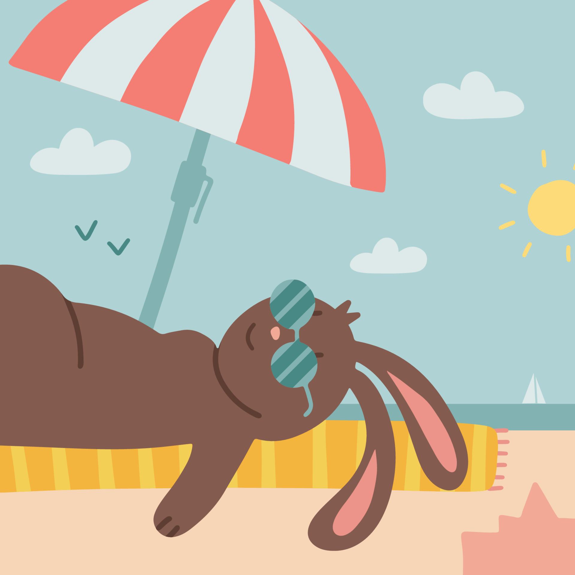 Hand drawn summer landscape with a cute bunny in sunglasses on the