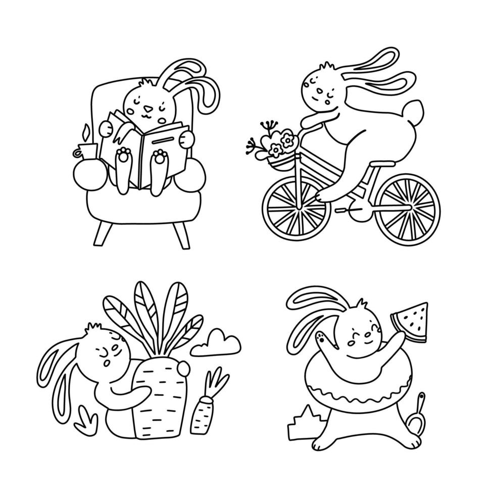 A set of simple coloring pages for children with a Cute rabbits reading book, riding bicycle, harvesting carrot and summer relaxing. Linear Vector Isolated illustration on a white for 2023 calendar