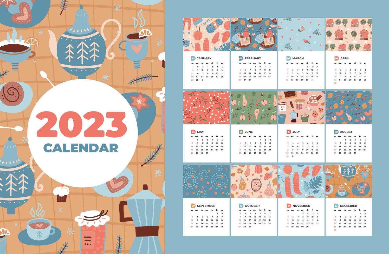 2023 calendar template set with 12 months pages and cover. Pieces of papers with colorful cozy seasons elements patterns in flat style. Week starts on Sunday. Vector hand drawn illustration.