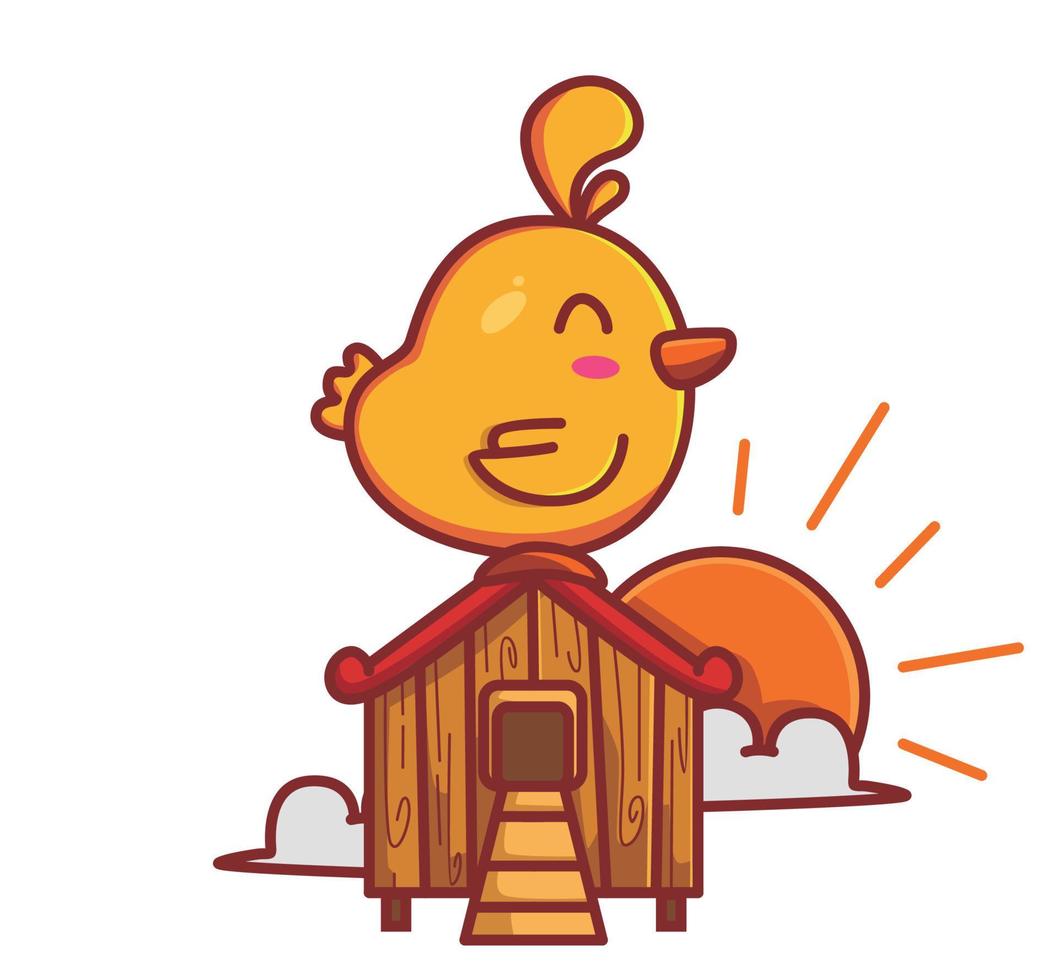 cute rooster crowing on the wooden house at sunrise in the morning vector illustration isolated