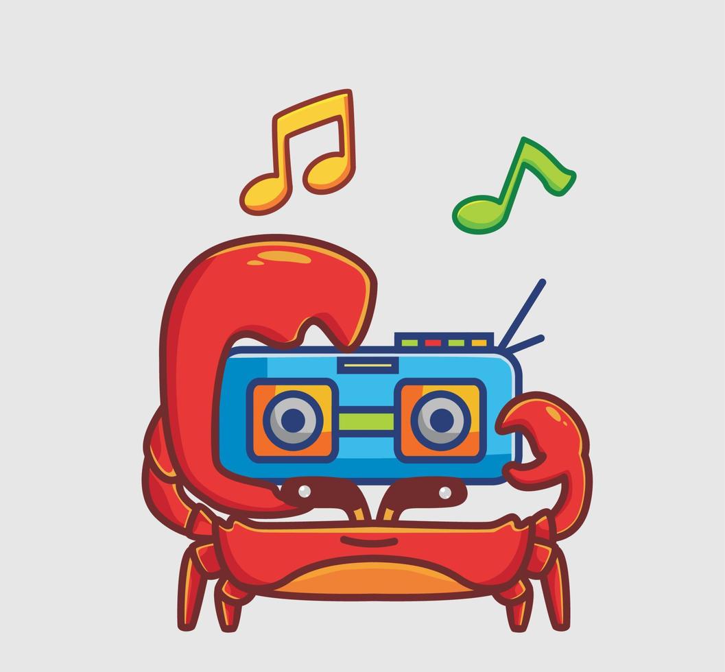 cute crab bring radio music. cartoon animal hobby concept Isolated illustration. Flat Style suitable for Sticker Icon Design Premium Logo vector. Mascot character vector