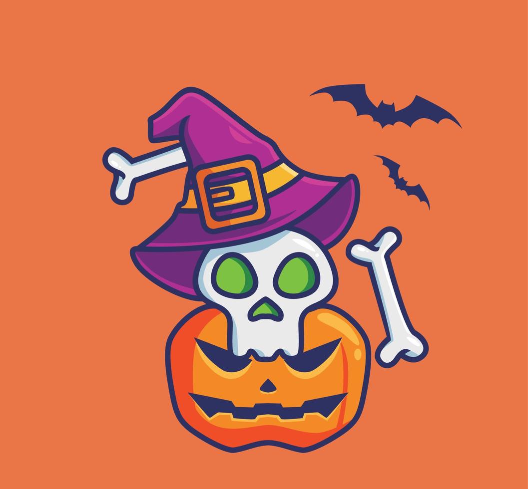 lindo mago de calavera y calabaza. ilustración aislada del concepto de evento de halloween de dibujos animados. estilo plano adecuado para el vector de logotipo premium de diseño de icono de etiqueta. personaje mascota