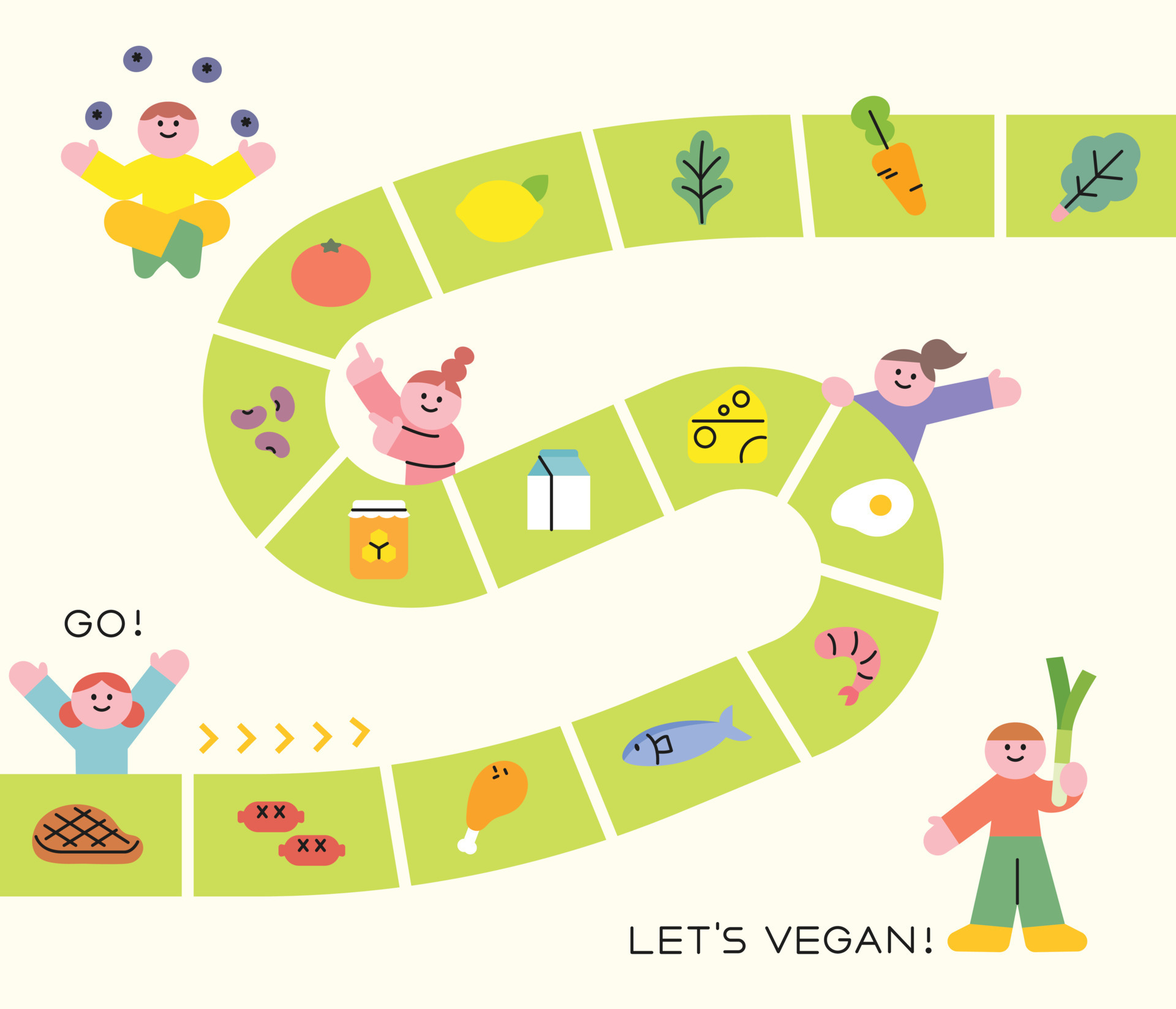 Board game concept vegan map. Healthy food is laid out on the road