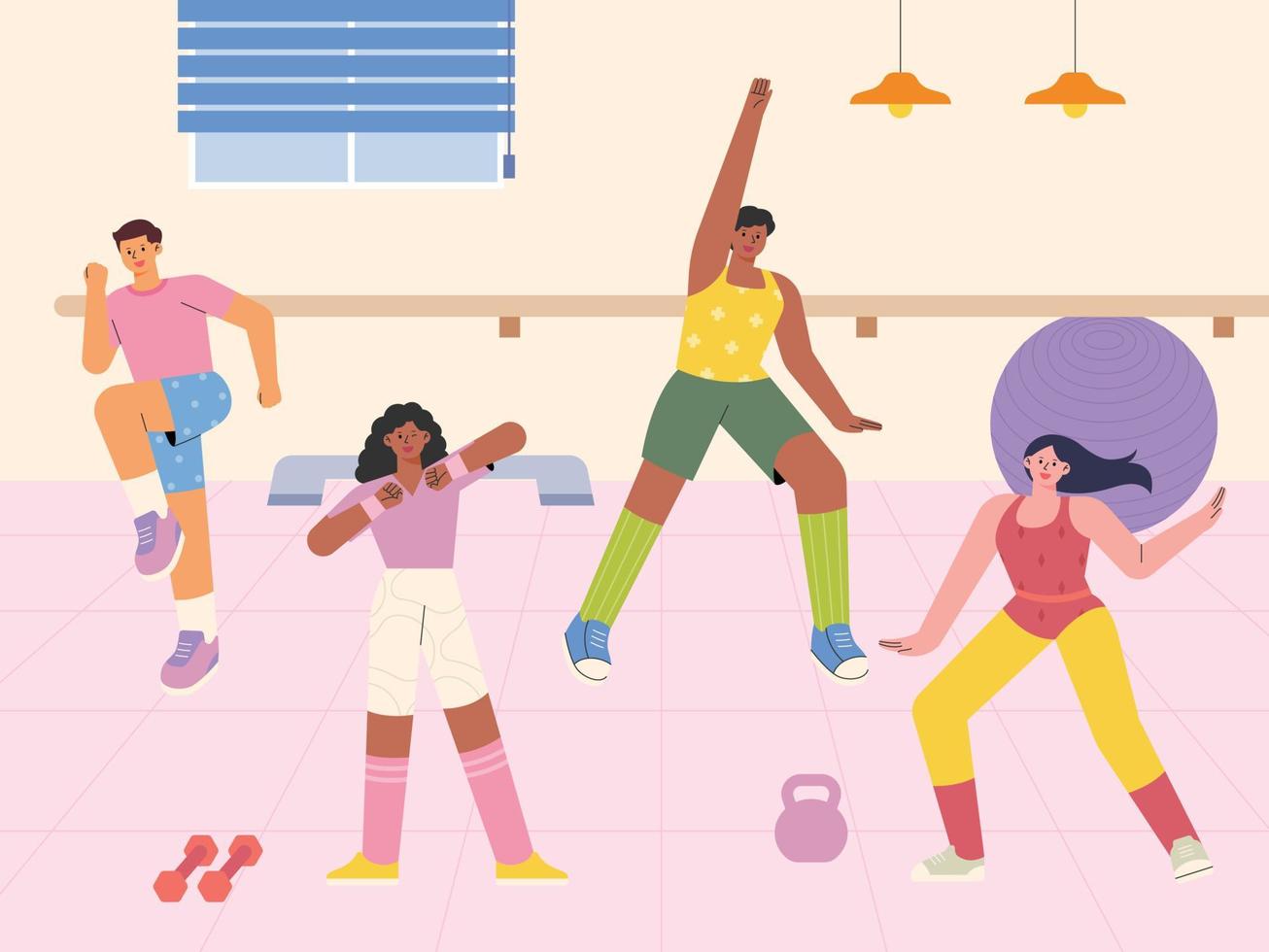People are doing aerobics together in the gym. flat design style vector illustration.