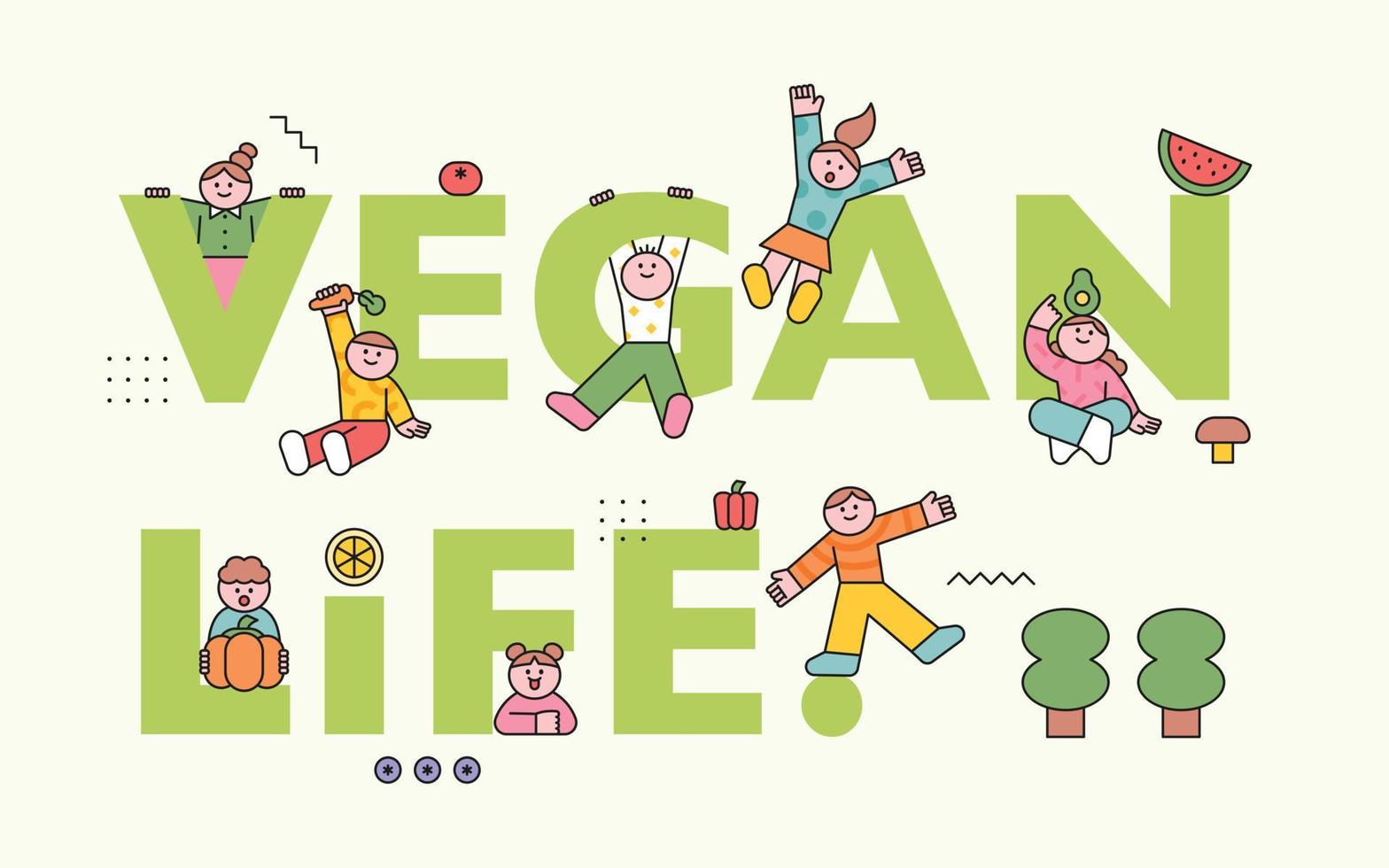 Vegan life. Cute kids characters are playing with the vegan life alphabet. Vegetables and fruits icons. flat design style vector illustration.