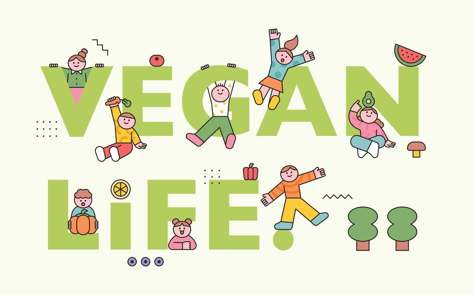 vida vegana. los personajes lindos de los niños están jugando con el alfabeto de la vida vegana. iconos de frutas y verduras. ilustración vectorial de estilo de diseño plano. vector