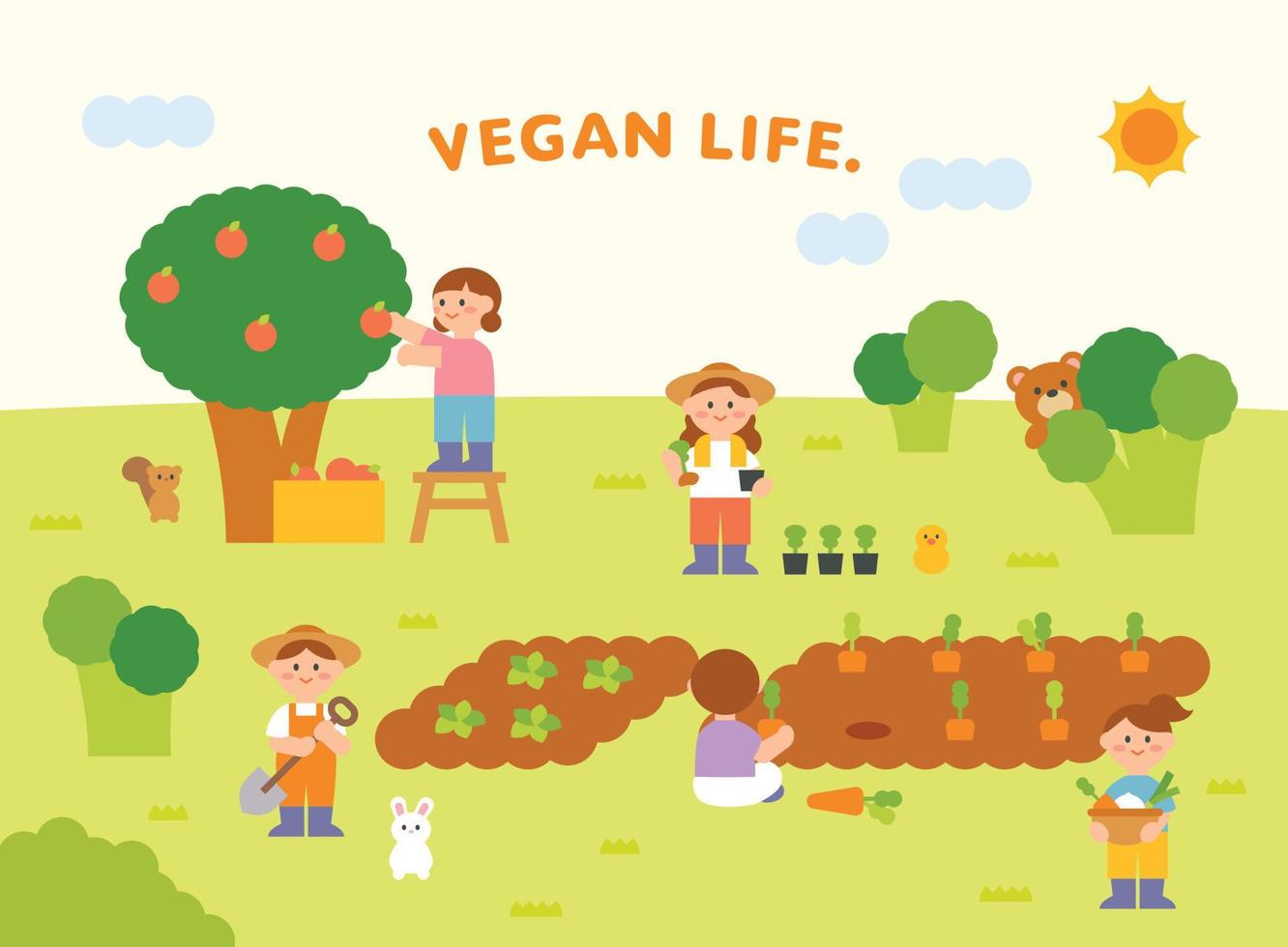 Vegan life. Cute characters are growing vegetables on the farm. A person picking fruit from a tree. The bear hiding behind the broccoli. flat design style vector illustration.