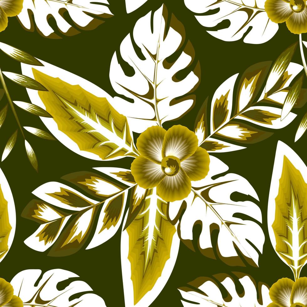 green light tropical seamless pattern with monstera leaves and flowers ...