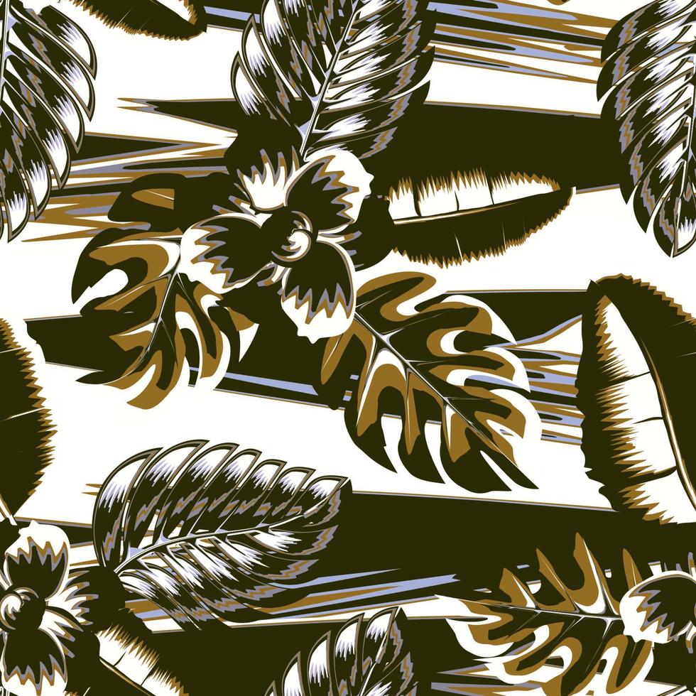 patrón de fondo tropical abstracto sin costuras con hojas de plantas monstera en textura grunge. fondo de verano. botánico de época. fondo de pantalla de ilustración exótica sobre fondo de onda. diseño de verano vector