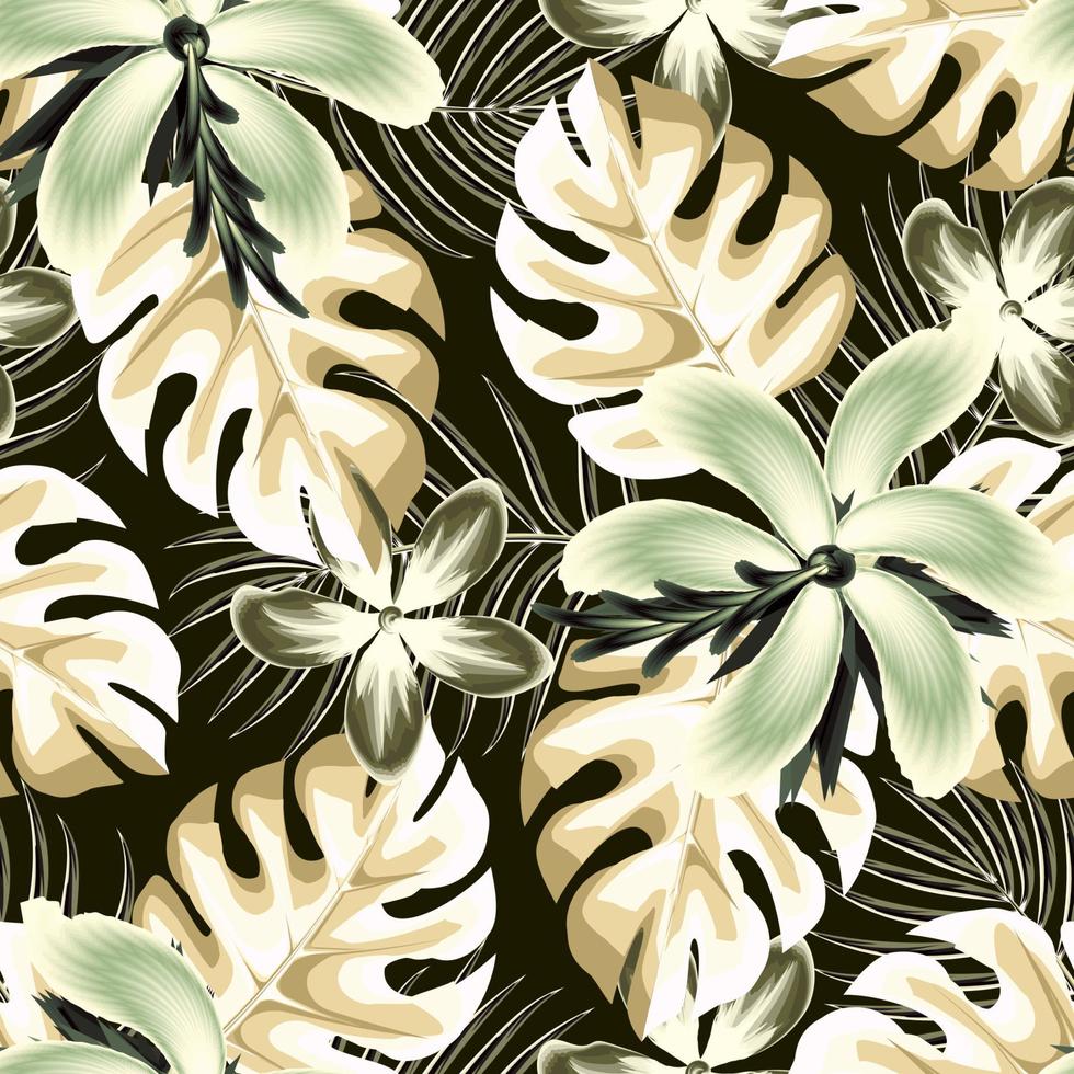 hojas de monstera beige patrón sin costuras con hoja de palma tropical y follaje abstracto de plantas de flores de hibisco sobre fondo negro. fondo floral. trópicos exóticos. diseño de verano. papel pintado de la naturaleza. vector