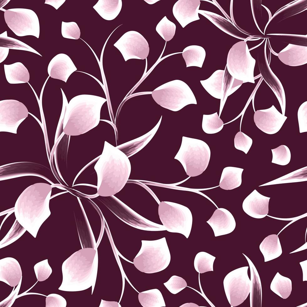 hermosas hojas botánicas rosas de patrones sin fisuras con follaje de plantas florales tropicales sobre fondo marrón rojo. follaje tropical monocromático. fondo floral. papel pintado de la naturaleza. diseño de verano vector