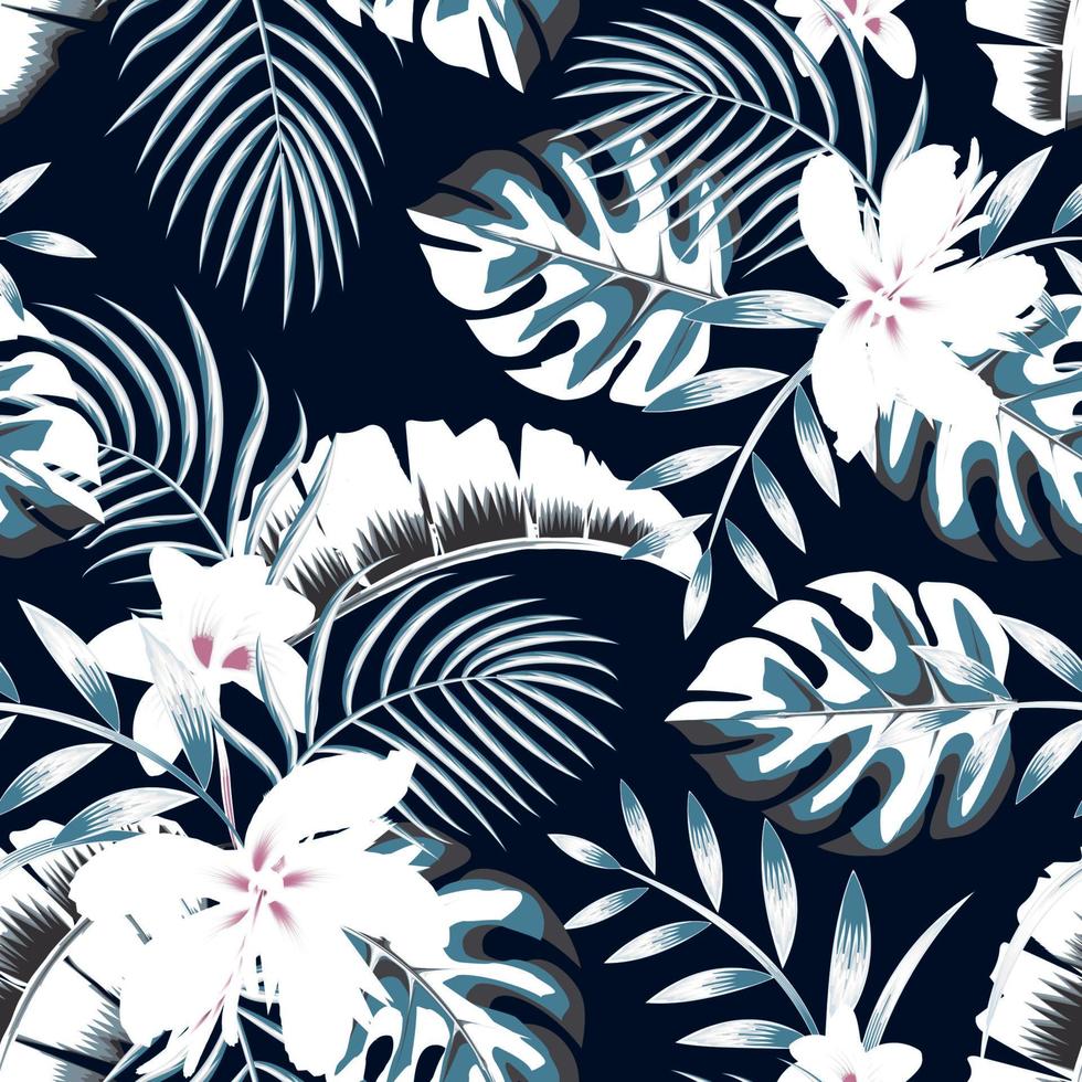 vintage blue tropical monstera leaves seamless pattern with banana palm leaf and plant foliage on night background. old design. jungle illustration. nature wallpaper. Summer design. Floral background vector