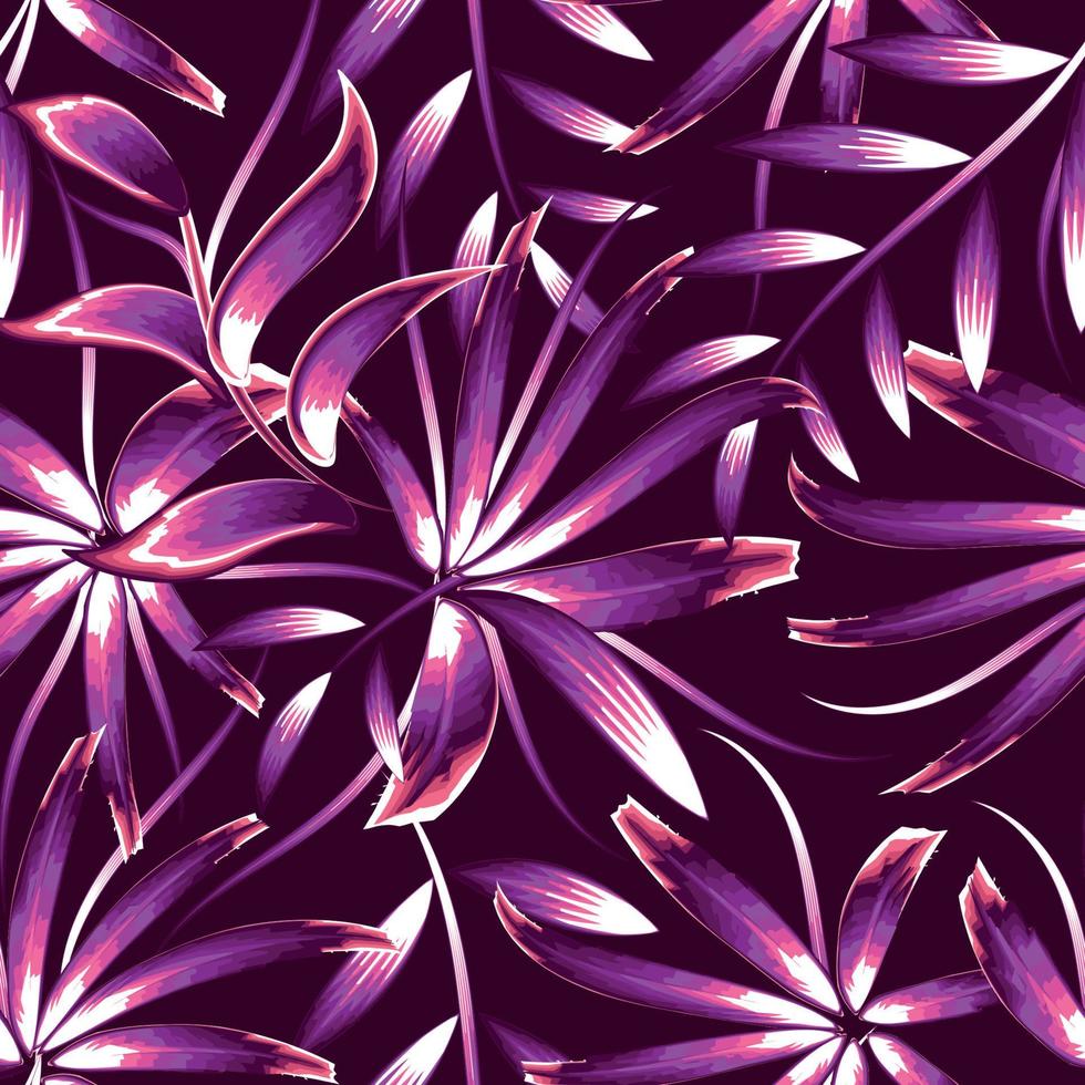 hojas de bambú púrpura patrón sin costuras con plantas tropicales y follaje sobre fondo oscuro. fondo de pantalla de la selva. fondo de la naturaleza. papel pintado tropical. trópicos exóticos. diseño de verano. textura de moda vector