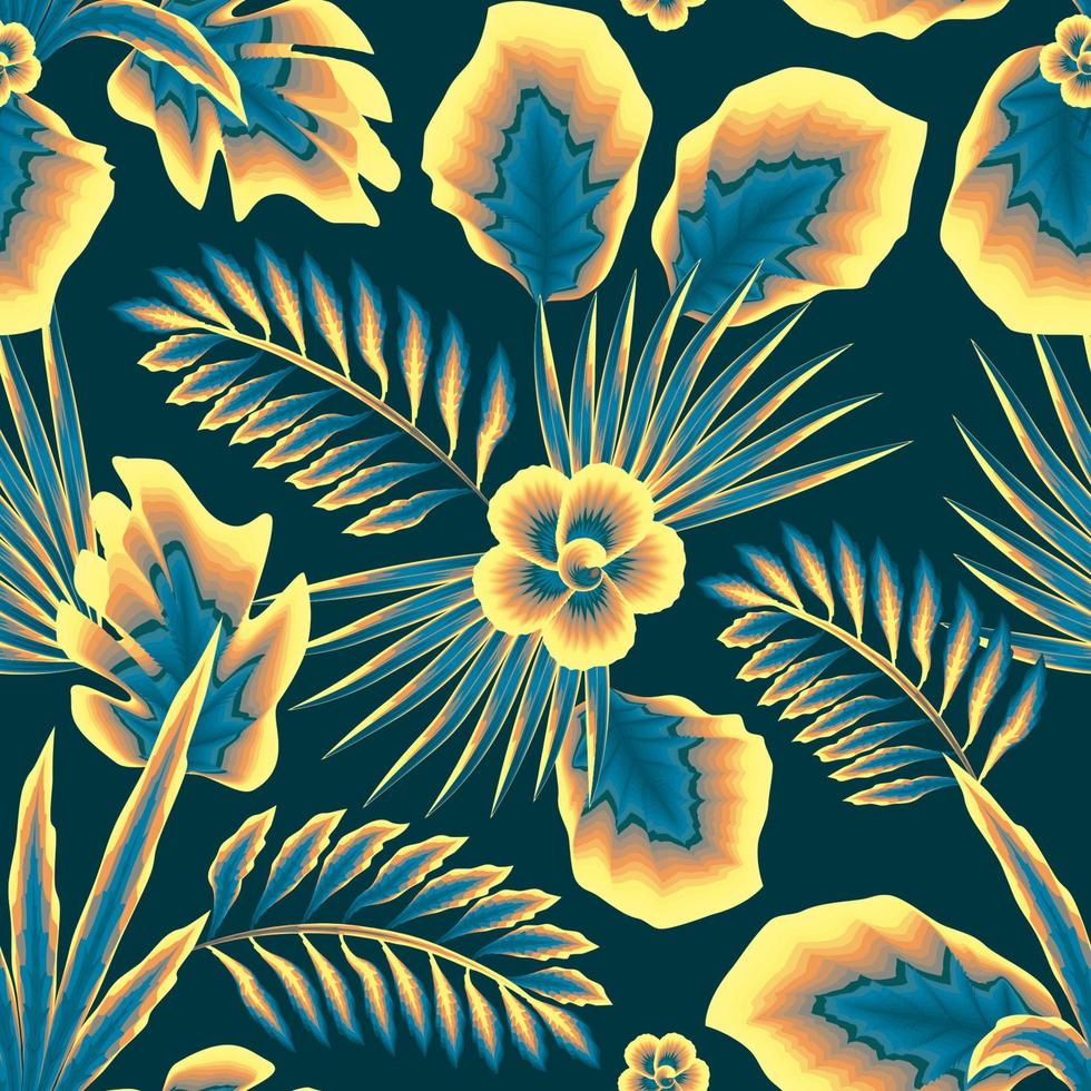 patrón abstracto sin costuras de tendencia con coloridas hojas tropicales y plantas sobre fondo azul. diseños vectoriales. impresión de la selva. fondos florales. imprenta y textiles. trópicos exóticos. diseño de verano vector