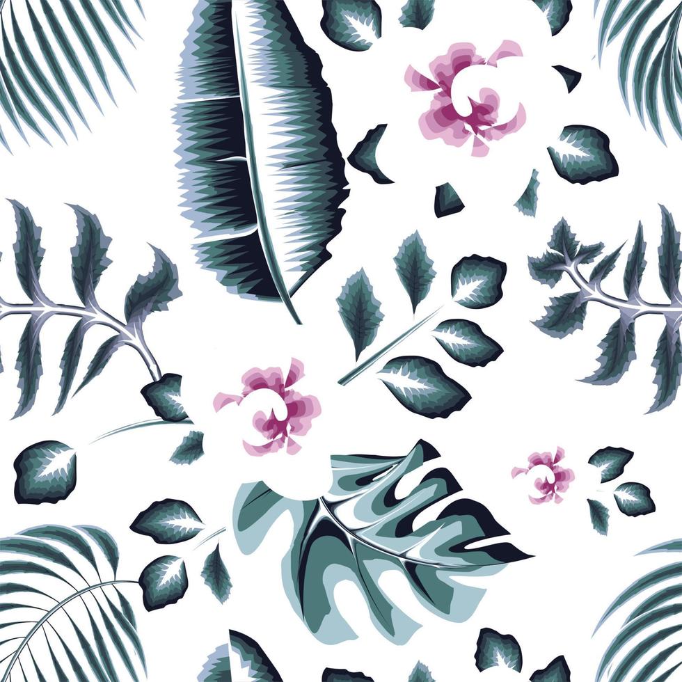 Patrón transparente tropical monocromático verde vintage con hojas de monstera de coco y flores abstractas rosas sobre fondo blanco. fondo floral. trópicos exóticos. diseño de verano. papel pintado de otoño vector