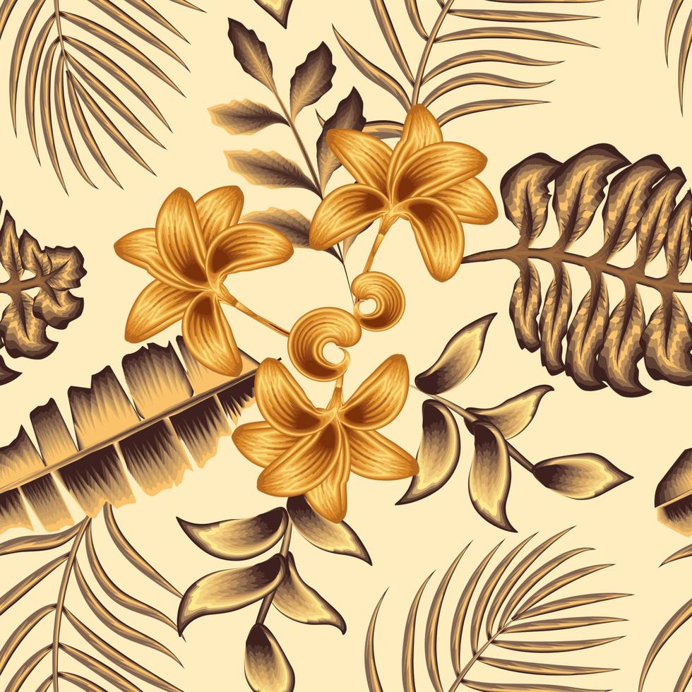 patrón floral sin costuras de naturaleza vintage beige con hojas de palma de plátano tropical vintage verde y follaje de plantas sobre fondo beige. ilustración de moda de verano en la playa. papel pintado floral. temática de otoño vector