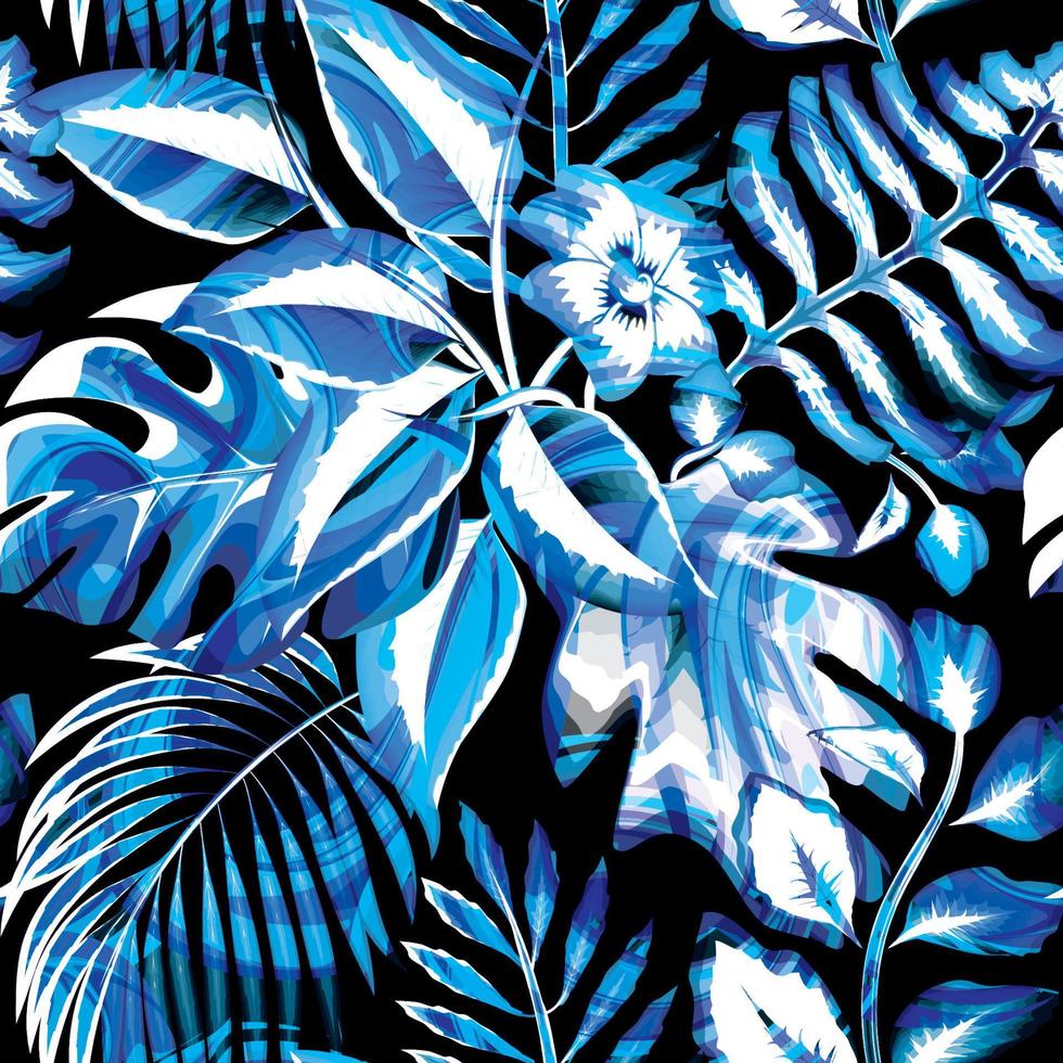 patrón sin costuras de selva tropical abstracta azul sobre fondo oscuro. patrón sin costuras con flores dibujadas a mano. estilo vintage. ornamento natural para textiles, telas, papel pintado, diseño de superficies. vector