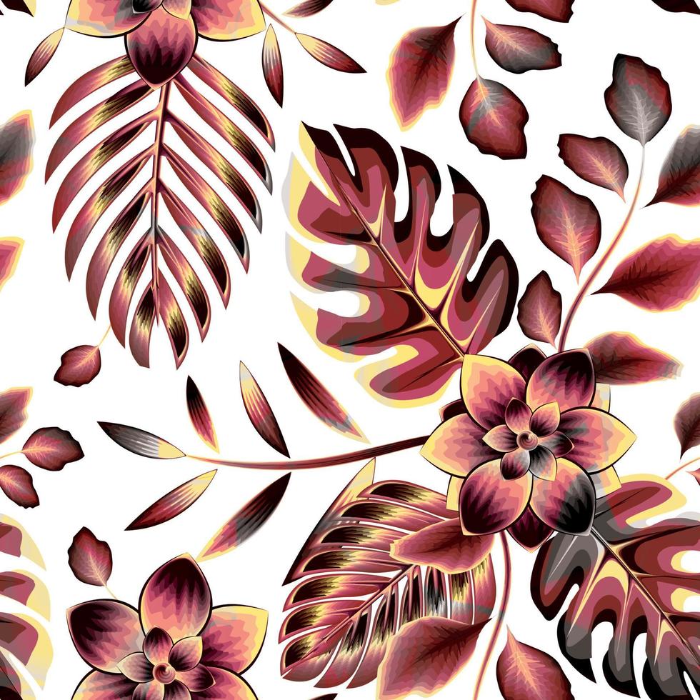 brown tropical seamless pattern with abstract flowers on white background. Hand drawn summer floral backround. Contour drawing. Fashion design for textile and fabric, wrapping, any surface. vector
