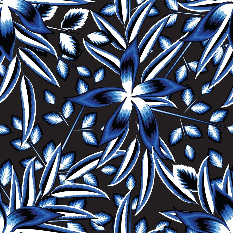 hojas tropicales azul claro patrón sin costuras con plantas florales y follaje sobre fondo oscuro. fondo floral. fondo botánico. fondo de pantalla de la selva. natural decorativo. ilustración nocturna. otoño vector