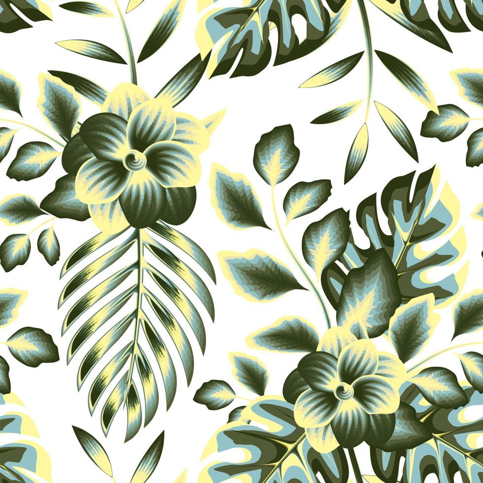 fondo tropical vintage verde con hojas de palma y follaje de plantas. patrón floral transparente con combinación de amarillo y verde oscuro. textura de impresión de moda. diseño de época papel pintado de la naturaleza. vector